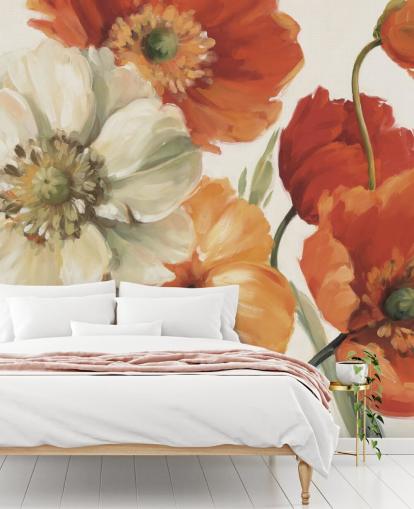 mural de pared de amapolas en naranja y rojo