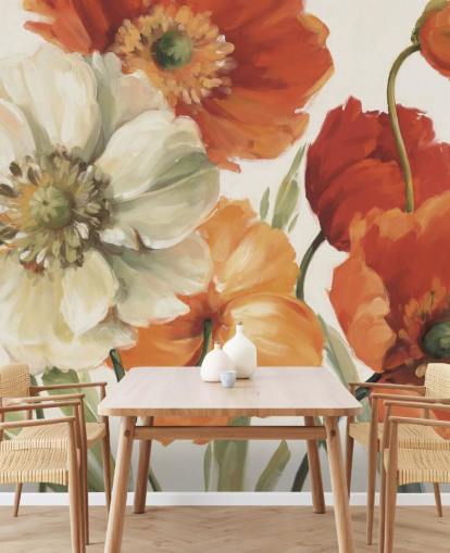 fresque murale coquelicot en orange et rouge