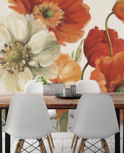 poppy wall mural in orange and red