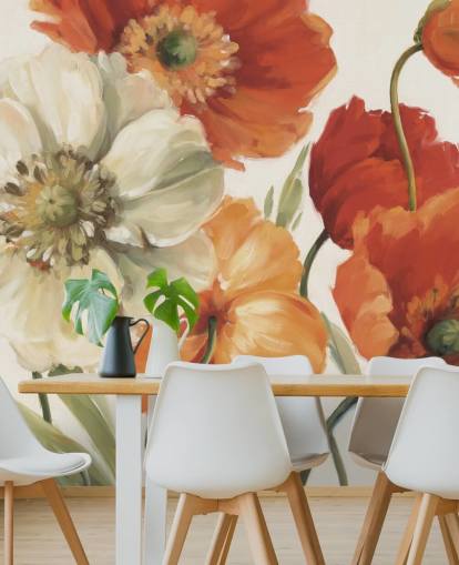 poppy wall mural in orange and red