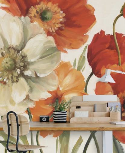 fresque murale coquelicot en orange et rouge