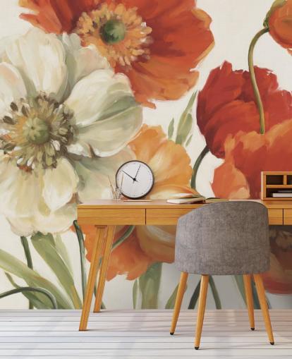 poppy wall mural in orange and red