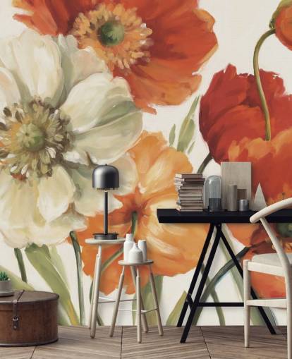 poppy wall mural in orange and red