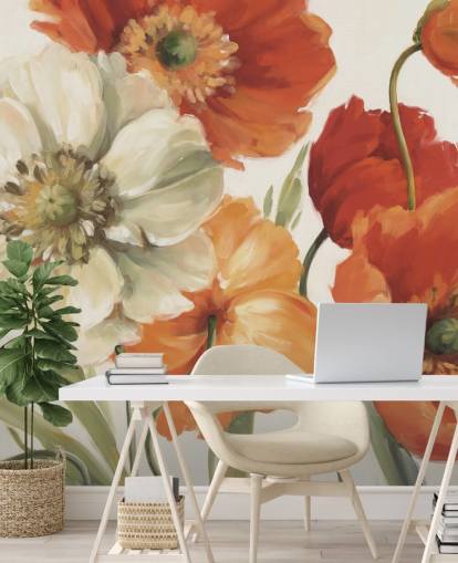 mural de pared de amapolas en naranja y rojo