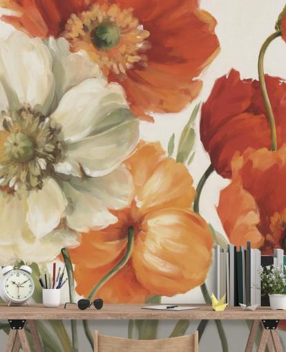 poppy wall mural in orange and red
