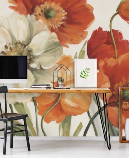 muurschildering met klaproos in oranje en rood