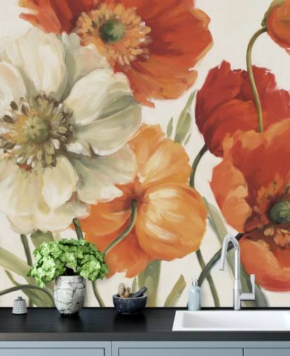 mural de pared de amapolas en naranja y rojo