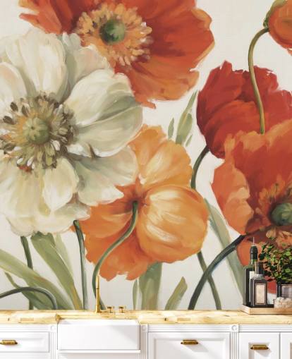 fresque murale coquelicot en orange et rouge