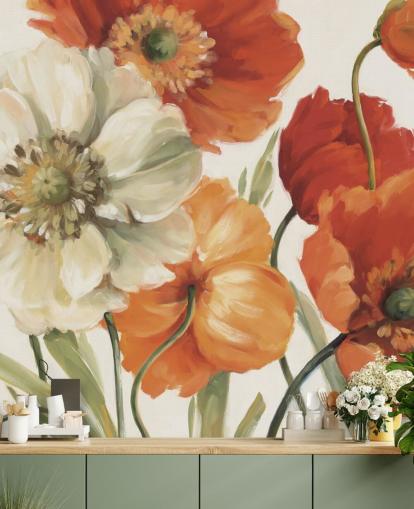 poppy wall mural in orange and red