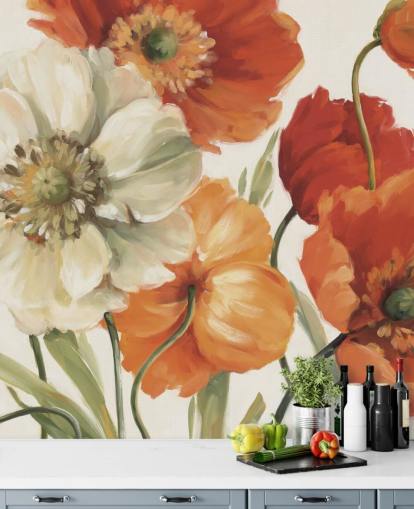 poppy wall mural in orange and red