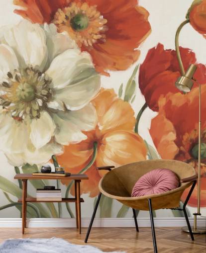 mural de pared de amapolas en naranja y rojo