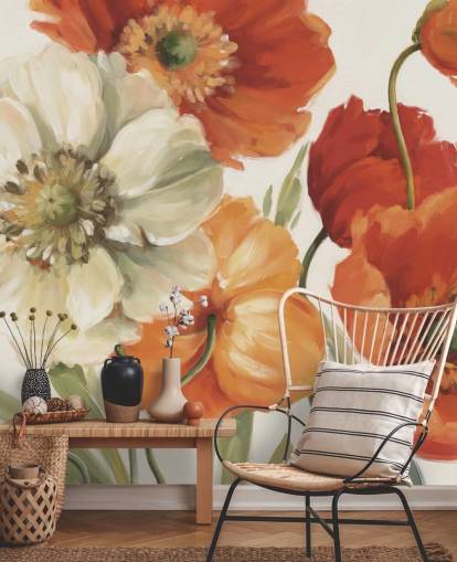 mural de pared de amapolas en naranja y rojo