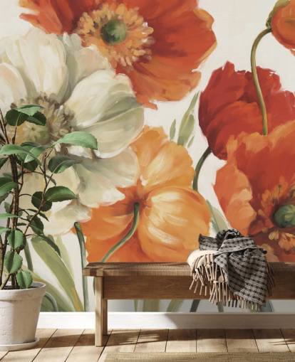 fresque murale coquelicot en orange et rouge