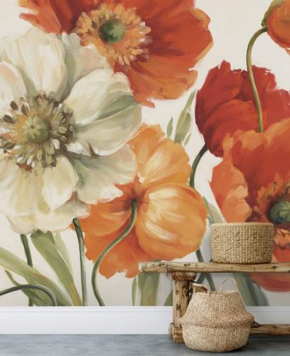 poppy wall mural in orange and red