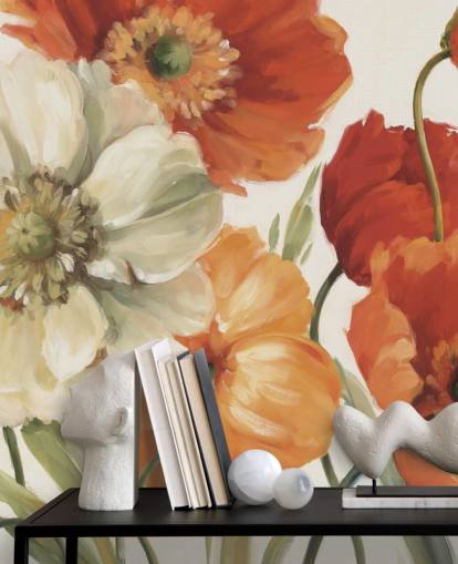 fresque murale coquelicot en orange et rouge