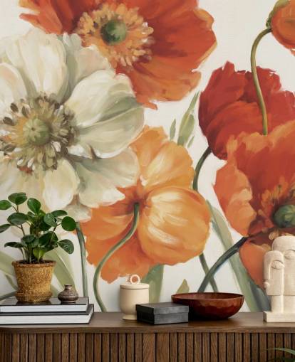 poppy wall mural in orange and red