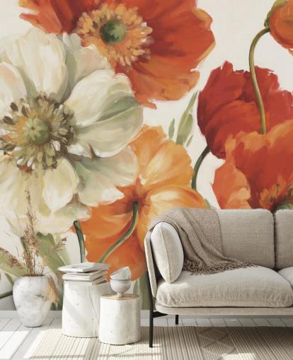 fresque murale coquelicot en orange et rouge