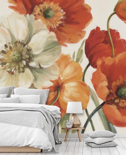 fresque murale coquelicot en orange et rouge