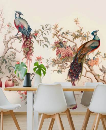 Papel pintado de pájaros orientales con pavos reales Papel pintado de pájaros orientales con pavos reales