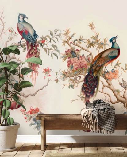 Oosters vogelbehang met pauwen