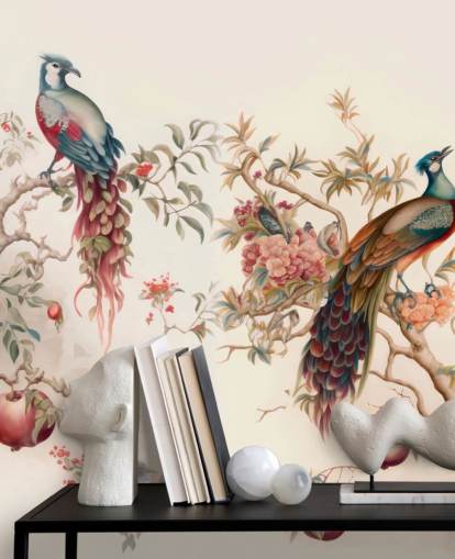 Papel pintado de pájaros orientales con pavos reales