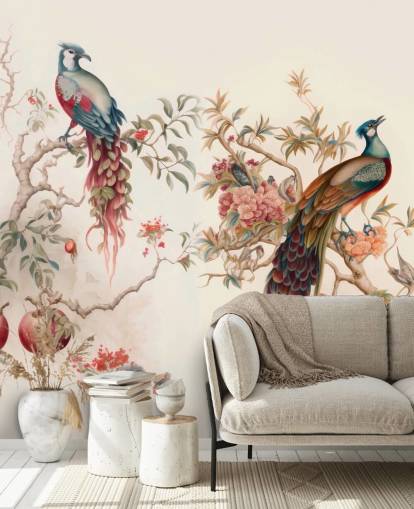 Papel pintado de pájaros orientales con pavos reales