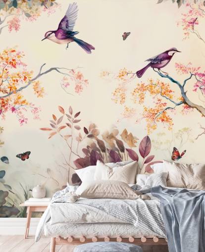 papel de parede de floresta roxa e laranja com pássaros para quarto