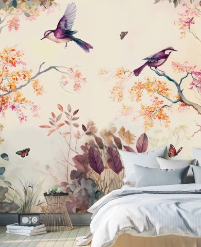 purple and orange forest wallpaper with birds for bedroom purple and orange forest wallpaper with birds for bedroom