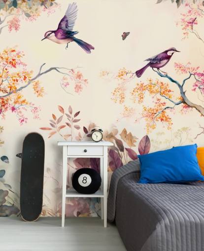 purple and orange forest wallpaper with birds for bedroom