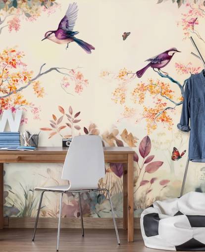 papier peint forêt violet et orange avec oiseaux pour chambre