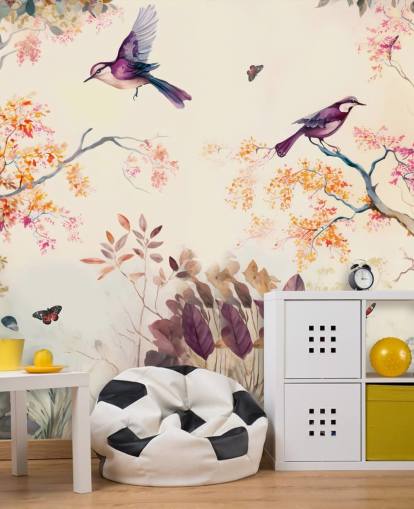 papel pintado de bosque morado y naranja con pájaros para dormitorio