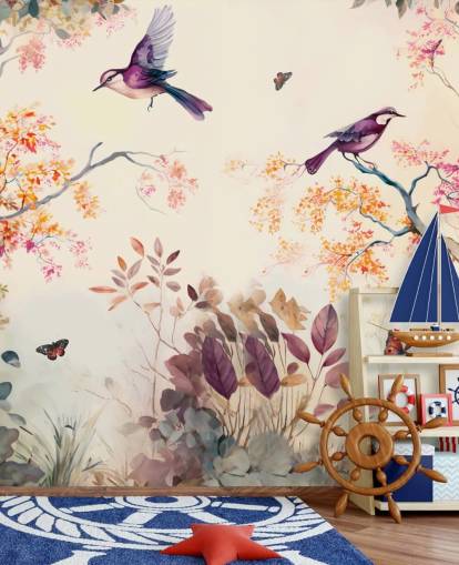 purple and orange forest wallpaper with birds for bedroom