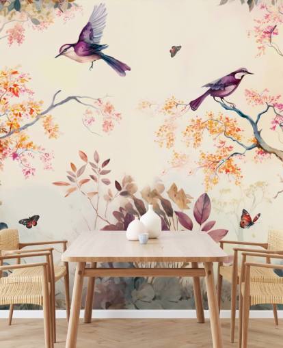 paars en oranje bosbehang met vogels voor de slaapkamer