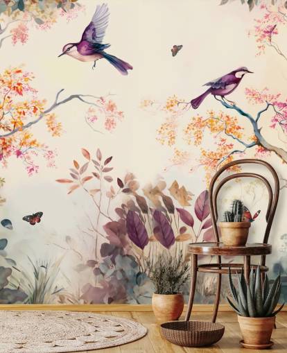 papier peint forêt violet et orange avec oiseaux pour chambre
