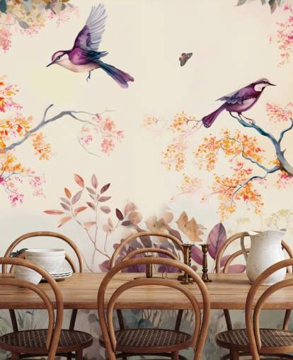 purple and orange forest wallpaper with birds for bedroom