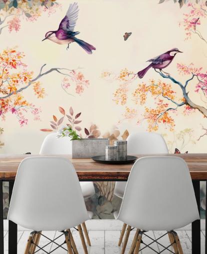 paars en oranje bosbehang met vogels voor de slaapkamer