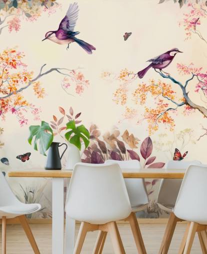papel pintado de bosque morado y naranja con pájaros para dormitorio