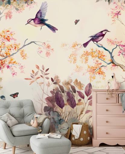 purple and orange forest wallpaper with birds for bedroom