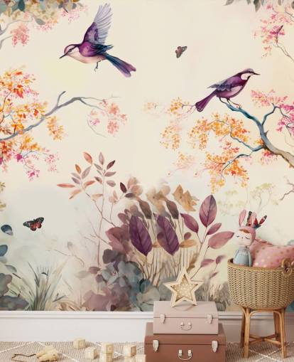 purple and orange forest wallpaper with birds for bedroom