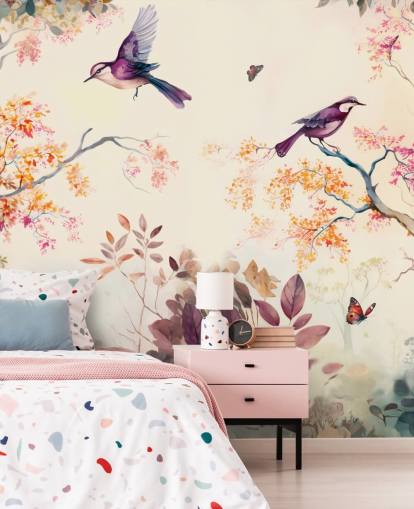 papel de parede de floresta roxa e laranja com pássaros para quarto
