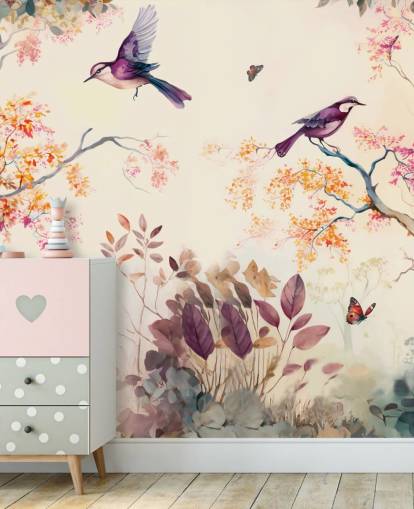 papel de parede de floresta roxa e laranja com pássaros para quarto