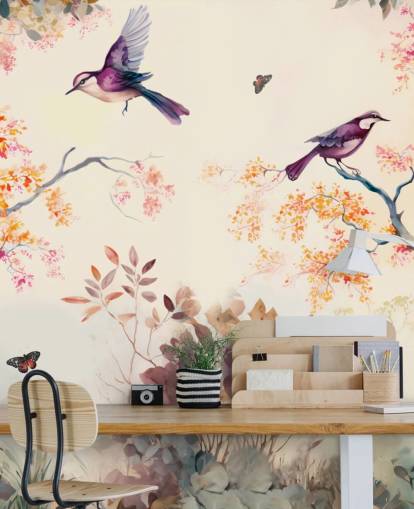 papel pintado de bosque morado y naranja con pájaros para dormitorio papel pintado de bosque morado y naranja con pájaros para dormitorio