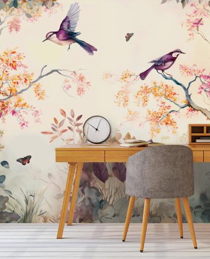 papier peint forêt violet et orange avec oiseaux pour chambre