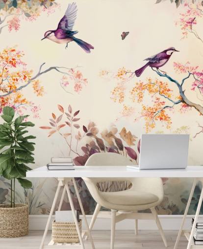 papier peint forêt violet et orange avec oiseaux pour chambre