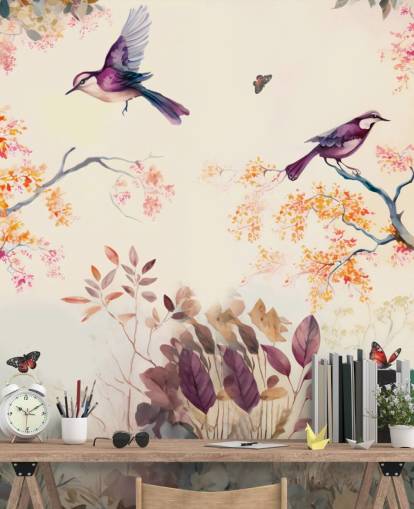 papel pintado de bosque morado y naranja con pájaros para dormitorio
