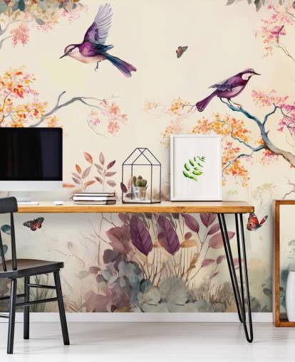 papel pintado de bosque morado y naranja con pájaros para dormitorio papel pintado de bosque morado y naranja con pájaros para dormitorio