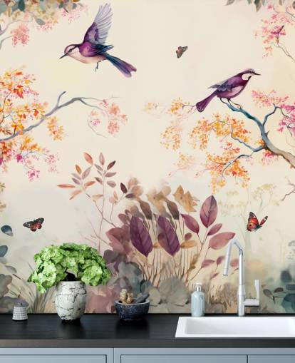 papel pintado de bosque morado y naranja con pájaros para dormitorio papel pintado de bosque morado y naranja con pájaros para dormitorio