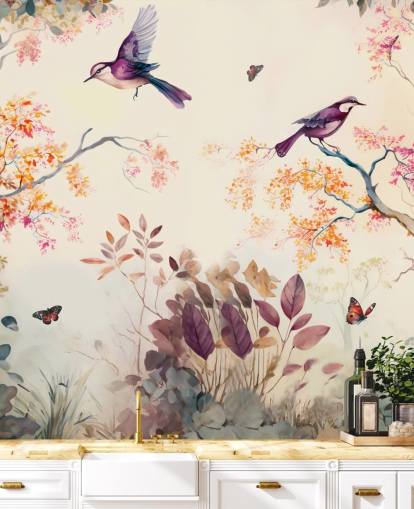 purple and orange forest wallpaper with birds for bedroom