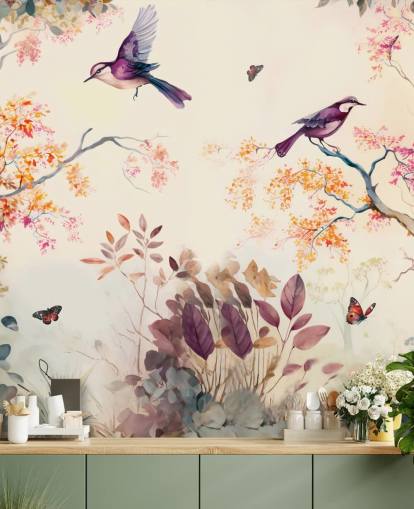 papel pintado de bosque morado y naranja con pájaros para dormitorio