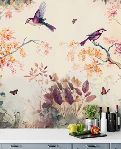 paars en oranje bosbehang met vogels voor de slaapkamer